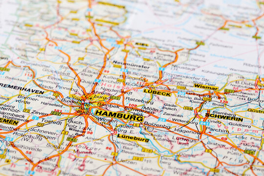 Hamburg, Germany - November 4, 2023: Hamburg city road map. Closeup macro view