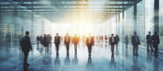 Modern Workspace: Blurred Business Professionals in White Glass Office. 