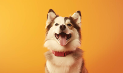 Closeup portrait of funny, cute, happy white dog, looking at the camera with mouth open isolated on colored background. Copy space.