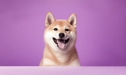 Shiba portrait of a dog, Closeup portrait of funny, cute, happy white dog, looking at the camera with mouth open isolated on colored background. Copy space.