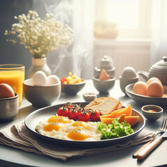 Delicious healthy breakfast with eggs and fruit. (AI generated). - obrazy, fototapety, plakaty