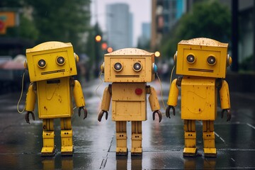 Three yellow robots with flashlight eyes stand in the rain on a city street, resembling animated parking meters.