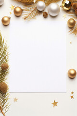 Christmas and New Year background with fir tree branches, golden baubles and blank paper sheet on white background.