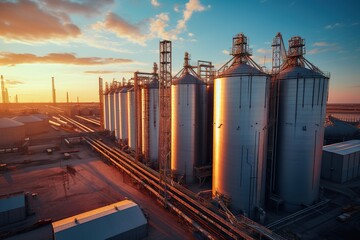 Obraz premium Industrial grain silos illuminated by evening light, creating a dramatic contrast with the blue sky at sunset.