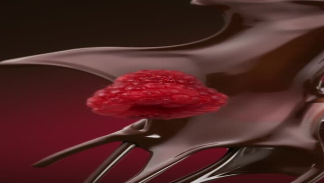 Dark chocolate raspberry splashing  and falling in slow motion on gradient background