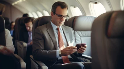Fotobehang businessman using smartphone manage working schedule meeting on a plane business travelling ideas concept © VERTEX SPACE