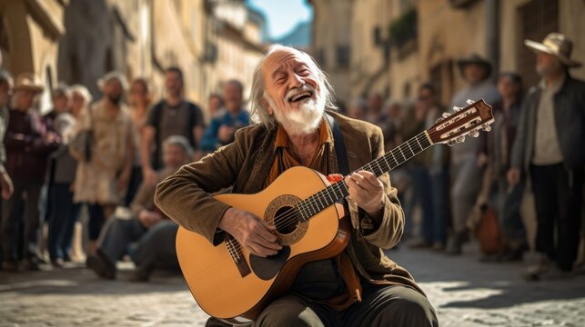 old adult mature senior old male man musician street night performance solo guitar singing music street side at old town famouse travel destination lifestlye concept