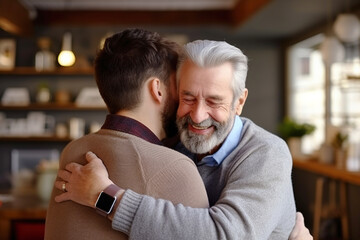 Older man embracing his middle aged son at home. Fathers day. Emotion and love.