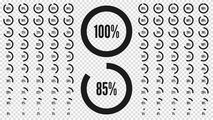 Big percent collection for user interface UI or business infographic. Set of icon for infographic. Percentage circle diagrams from 0 to 100. Black shapes. Vector illustration. Transparent background