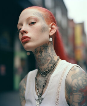 Generative ai young and beautiful albino redhead woman gracefully posing on the city streets