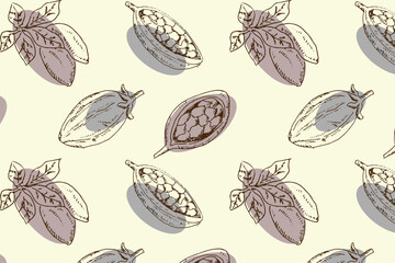 Cocoa or baobab beans, leaves - seamless pattern 