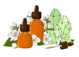 Essential oil of jasmine flowers. Compositions for aromatherapy. Amber colored glass bottles, magic crystal and jasmine flowers. Isolated hand drawn illustration on white background. - Powered by Adobe