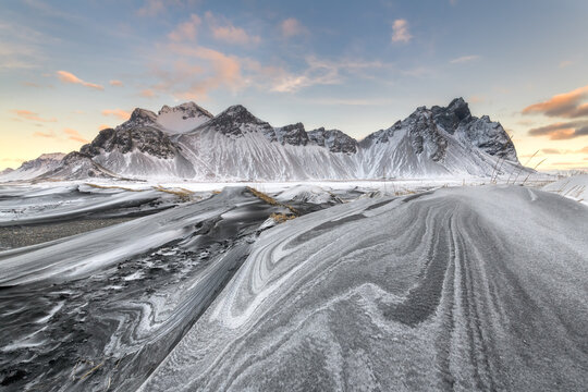 Sand and snow patterns on the beach at Stokksnes (Vestrahorn)