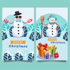 
Set of cards for the Christmas holiday. Christmas set, snowman with broom, snowman with gloves, gifts, merry christmas. Vector