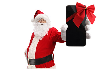 Santa claus holding a smartphone with a red ribbon bow