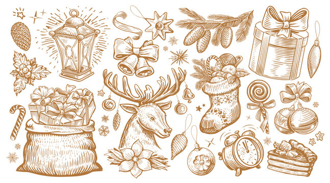 Christmas concept. Hand drawn vector illustration set in retro sketch style, for holiday design