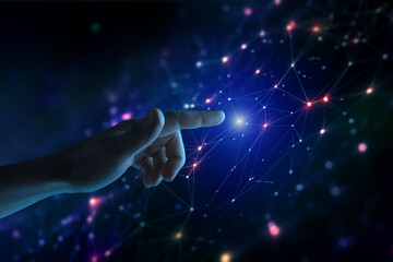 Metaverse, hand touching metaverse universe,  digital transformation concept, technology