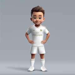 3d cartoon cute young soccer player in Real Madrid football uniform - obrazy, fototapety, plakaty