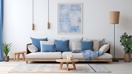 Aesthetic composition of cozy living room interior with mock up poster frame, modular sofa, blue pillows, wooden coffee table, patterned rug, curtain and personal accessories