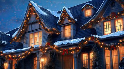 The allure of Christmas garland lights against a rich, velvety blue evening sky. - obrazy, fototapety, plakaty