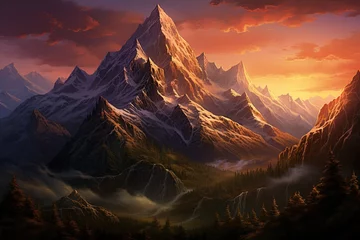 Fotobehang Mountain range at amazing sunset. Poster, wall art design. Ai Generative © ArtmediaworX