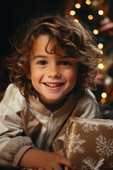 Portrait of a smiling little boy with gift box on Christmas background.