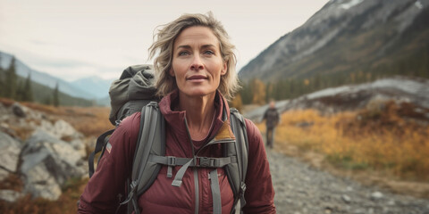 Naklejka premium Adventurous Mature Woman Explores Vast Untouched Landscape with Trekking Backpack AI generated
