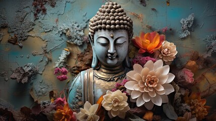 abstract, beautiful Magical, Mystical image of a buddha, painted metal, weathered, flowers, birds, beautiful auro of peaceful energy all around , generated by AI - obrazy, fototapety, plakaty