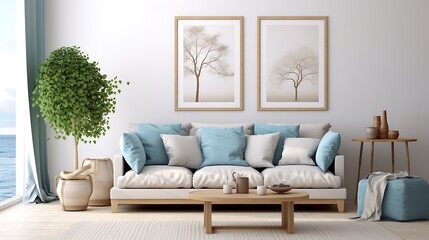 Aesthetic composition of cozy living room interior with mock up poster frame, modular sofa, blue pillows, wooden coffee table, patterned rug, curtain and personal accessories