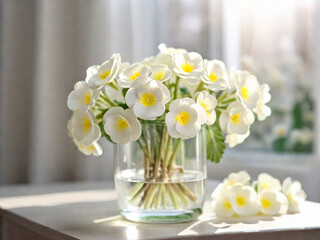 A white bouquet of primroses in a glass vase on a table by the window in the rays of the sun. Spring. Easter concept. Copy space