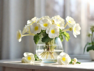 Fototapeta na wymiar A white bouquet of primroses in a glass vase on a table by the window in the rays of the sun. Spring. Easter concept. Copy space
