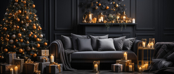Black classic living room with Christmas tree, sofa, candles and presents -.
