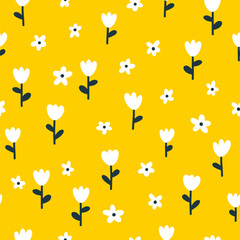 Floral seamless vector pattern with small flowers. Simple hand-drawn style. Motifs scattered liberty. Pretty ditsy for fabric, textile, wallpaper. Digital paper in yellow background. - obrazy, fototapety, plakaty
