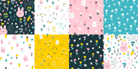 Rabbit seamless pattern set. Cute character with wildflowers and carrots. Baby cartoon vector in simple hand-drawn Scandinavian style. Nursery illustration on colorful palette. - obrazy, fototapety, plakaty