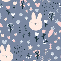 Forest rabbit seamless pattern. Cute character with carrots and flowers. Baby cartoon vector in simple hand-drawn Scandinavian style. Nursery illustration in pastel colors.
