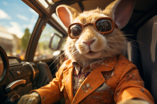 Easter bunny or rabbit with cool sunglasses driving a car, holiday in spring 