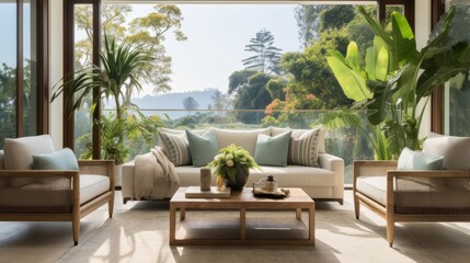 Fototapeta premium cosy comfort resort vacation home living room interior design element beautiful living room white bright color scheme decorate with natural material and tree pot nature garden view contemporary room
