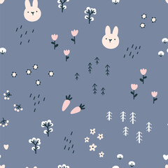 Forest rabbit seamless pattern. Cute character with carrots and flowers. Baby cartoon vector in simple hand-drawn Scandinavian style. Nursery illustration in pastel colors