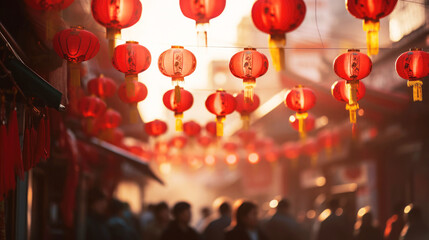 Chinese Lunar New Year red lanterns on the street of a Chinese city. Happy holiday concept. Copy space. Banner