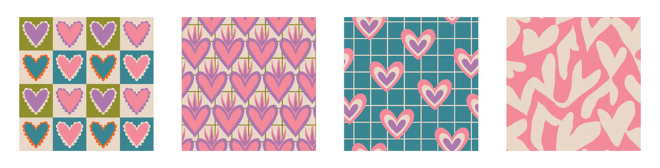Aesthetic Retro Romantic printable groovy hearts seamless pattern. Decorative Hippie Naive 60's, 70's style Vintage modern background in minimalist style for fabric, wallpaper or wrapping