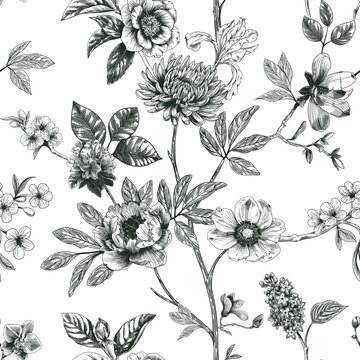 Abstract modern floral seamless pattern with hand drawn flower in Toile de jouy style. Retro elegance repeat print. Vintage design for fabric, wallpaper or wrapping