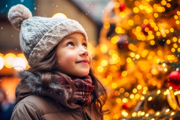 Close up side profile view of girl child standing next to a Christmas tree in the city, snow in the...