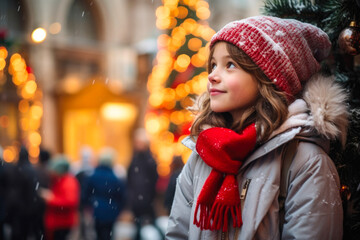Close up side profile view of girl child standing next to a Christmas tree in the city, snow in the...
