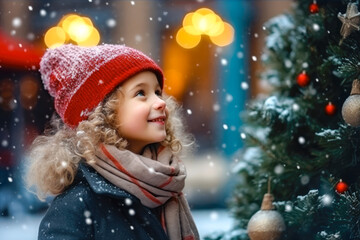 Close up side profile view of girl child standing next to a Christmas tree in the city, snow in the city square, christmas market, winter season, happy holidays
