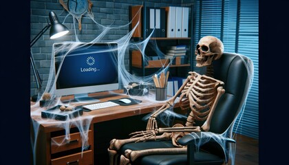 Photo of a skeleton at a desk, computer with 'Loading...', cobwebs, equipment.
