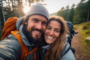 Cute romantic couple taking a selfie while hiking in a forest. Autumn season. Concept of togetherness in nature and wanderlust - obrazy, fototapety, plakaty