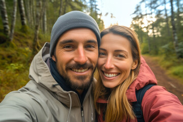 Fototapeta premium Cute romantic couple taking a selfie while hiking in a forest. Autumn season. Concept of togetherness in nature and wanderlust