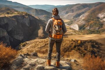 Adventurous Mature Woman Explores Vast Untouched Landscape with Trekking Backpack AI generated