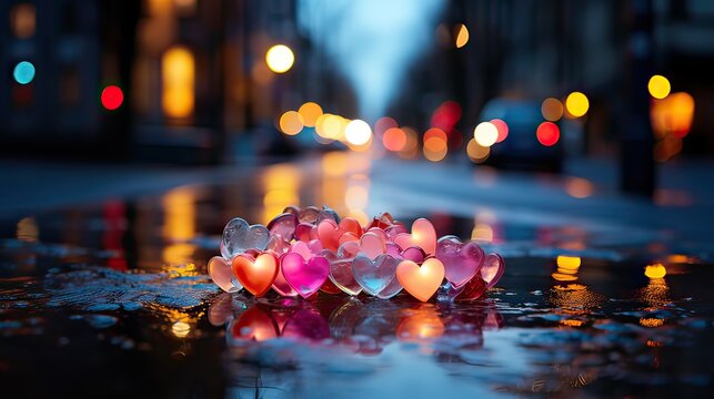 Small glass hearts on the road, evening in the city