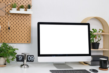 Workspace mockup computer desktop on table with comfortable office